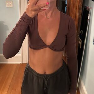 garage brown twist long sleeve crop top